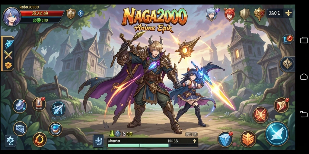 Tampilan gameplay epik dari NAGA2000 yang penuh warna dan karakter Anime.