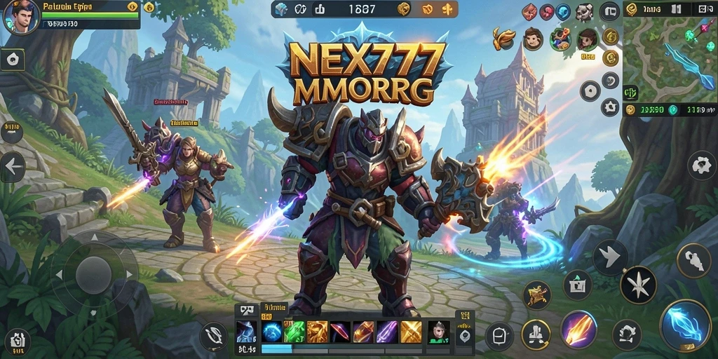 Screenshot gameplay NEX777 menampilkan pertarungan epik dalam dunia MMORPG.